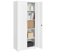 SONGMICS Meuble de Rangement Bureau, en Acier, Placard, 5 Niveaux, 40 x 80 x 180 cm, Doubles Portes, Serrure, Armoire à Outils, Étagères Réglables, pour Garage, Bureau, Blanc Mat OMC015W01