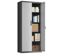 SONGMICS Meuble de Rangement Bureau, en Acier, Placard, 5 Niveaux, 40 x 80 x 180 cm, Doubles Portes, Serrure, Armoire à Outils, Étagères Réglables, pour Garage, Bureau, Argent et Gris Mat OMC015S01