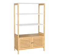 SONGMICS Meuble de Salle de Bain, Armoire de Rangement Haute, avec 3 étagères et 1 Placard à 2 Portes, en Bambou, 70 x 30 x 120 cm, Couleur Boisée et Blanc BCB010N01