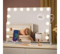 SONGMICS Miroir Coiffeuse, 58 x 43 cm, Contrôle Tactile, 15 Ampoules LED, Ports de Charge, Miroir Grossissant Détachable 10X, 3 Températures de Couleur, Support de Téléphone, Blanc Mat LWM001W02