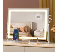 SONGMICS Miroir de Maquillage avec Éclairage, 15 Ampoules LED, Multiprise, Contrôle Tactile, 3 Températures de Lumière, Intensité Réglable, Support de Téléphone, Blanc Mat LWM002W02