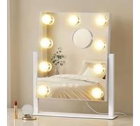SONGMICS Miroir de Maquillage avec Lumières, 25 x 30 cm, 9 Ampoules LED, Miroir Grossissant Détachable 10x, 3 Températures de Couleur, Blanc Mat LWM005WC02