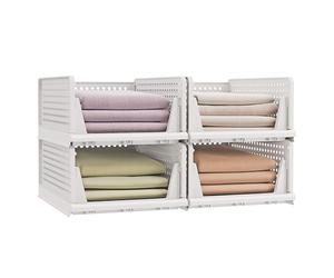 SONGMICS Organisateur d’Armoire Pliable, Lot de 4, Tiroir Coulissant Empilable, Panier, Étagère de Rangement, en Plastique, pour Chambre, Bureau, Salle de Bain, Blanc LPC400WZ01