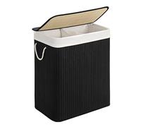SONGMICS Panier à Linge 100 L, 2 Compartiments de Tri, Couvercle, Bambou | Corbeille Linge Sale, Sac Amovible Lavable en Machine, Poignées, Pliable, Buanderie, Noir, Collection RONEX LCB64BK