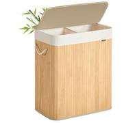SONGMICS Panier à Linge 100 L, Corbeille Linge Sale 2 Compartiments de Tri, Couvercle, en Bambou, Poignées, Pliable, Sac Amovible Lavable en Machine, pour Buanderie, Chambre, Couleur Boisée LCB074Y01