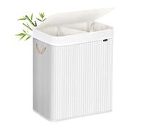 SONGMICS Panier à Linge 100 L, Corbeille Linge Sale 2 Compartiments de Tri, Couvercle, en Bambou, Poignées, Pliable, Sac Amovible Lavable en Machine, Buanderie, Chambre, Blanc LCB64WTV1