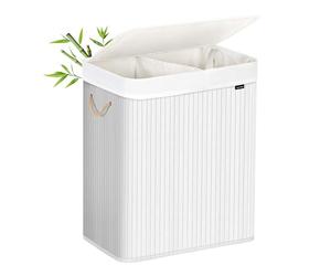 SONGMICS Panier à Linge 100 L, Couvercle, Bambou | Corbeille Linge Sale, Sac Amovible Lavable en Machine, Poignées, Pliable, Buanderie, Blanc, Collection RONEX LCB64WT