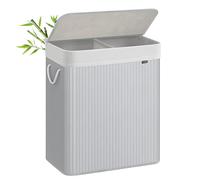 SONGMICS Panier à Linge 100L, Corbeille Linge Sale 2 Compartiments de Tri, Couvercle en Bambou, Poignées, Pliable, Sac Amovible Lavable en Machine, pour Buanderie, Chambre, Gris LCB064G01