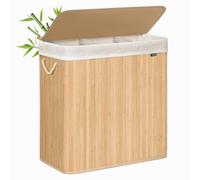 SONGMICS Panier à Linge 150 L, Corbeille Linge Sale 3 Compartiments de Tri, Couvercle, en Bambou, Poignées, Pliable, Sac Amovible Lavable en Machine, Buanderie, Chambre, Couleur Boisée LCB091N01V2