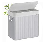 SONGMICS Panier à Linge 150 L, Corbeille Linge Sale 3 Compartiments de Tri, Couvercle, en Bambou, Poignées, Pliable, Sac Amovible Lavable en Machine, Buanderie, Chambre, Gris LCB091G01V2