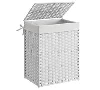 SONGMICS Panier à linge 90 litres, en rotin synthétique, avec couvercle | Tissé à la main, avec poignées, pliable, sac à linge amovible, couleur blanche, Collection ELIOTT LCB51WT
