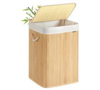 SONGMICS Panier à Linge 95 L, Corbeille Linge Sale, Couvercle, en Bambou, Poignées, Pliable, Sac Amovible Lavable en Machine, pour Buanderie, Chambre, Couleur Boisée LCB060Y01
