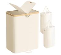 SONGMICS Panier à Linge à 2 Compartiments, 150 Litres, Trieur de Linge Sale avec Couvercle, Sacs Amovibles, pour Buanderie, Chambre, Salon, Blanc Crème et Beige Naturel LCB523W01