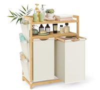 SONGMICS Panier à Linge, avec 2 Compartiments, Corbeille à Linge Sale, en Bambou, Capacité de 100 Litres, avec Étagère, Poches Latérales, 2 x 50 L, 63 x 33 x 98 cm, Blanc Crème RLH200W01