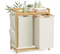 SONGMICS Panier à Linge, avec 2 Compartiments, Corbeille à Linge Sale, en Bambou, Capacité de 100 Litres, avec Étagère, Poches Latérales, 2 x 50 L, 63 x 33 x 78 cm, Blanc Crème RLH100W01