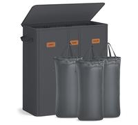 SONGMICS Panier à linge avec 3 compartiments, 160 l, avec couvercle, 5 étiquettes, sac intérieur amovible et lavable, buanderie, chambre à coucher, gris foncé RLH013G01