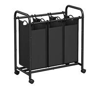 SONGMICS Panier à Linge avec 3 Compartiments, Chariot Linge Sale sur Roulettes, Panier à Linge avec Poignées, Sacs Amovibles, Noir LSF003B
