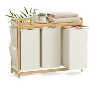 SONGMICS Panier à Linge, avec 3 Compartiments, en Bambou, 150 Litres | Corbeille à Linge Sale, avec Étagère, Poches Latérales, 93,8 x 33 x 78 cm, Collection ROCKI RLH115W01