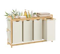 SONGMICS Panier à Linge, avec 4 Compartiments, Corbeille à Linge Sale, en Bambou, Capacité de 200 Litres, avec Étagère, Poches Latérales, 4 x 50 L, 124,6 x 33 x 78 cm, Blanc Crème RLH120W01