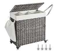 SONGMICS Panier à Linge avec Couvercle, 140L, Corbeille Linge Sale Tressé, avec Roulettes, 3 Compartiments, Sac Intérieur Amovible, pour Buanderie, Chambre, 66 x 33 x 66 cm, Gris LCB363G01