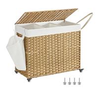 SONGMICS Panier à Linge avec Couvercle, 160L, Corbeille Linge Sale Tressé, avec roulettes, 3 Compartiments, Sac Intérieur Amovible, pour Buanderie, Chambre, 70 x 36 x 66 cm, Couleur Boisée LCB365N01