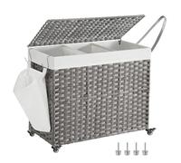 SONGMICS Panier à Linge avec Couvercle, 160L, Corbeille Linge Sale Tressé, avec Roulettes, 3 Compartiments, Sac Intérieur Amovible, pour Buanderie, Chambre, 70 x 36 x 66 cm, Gris LCB365G01