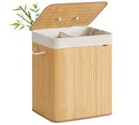 SONGMICS Panier à Linge avec Couvercle, 2 Compartiments, 120 L, Corbeille à Linge Sale en Bambou, Pliable, Sac Amovible et Lavable en Machine, avec Poignées, pour Buanderie, Chambre, Naturel LCB014Y01