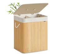 SONGMICS Panier à Linge avec Couvercle, 2 Compartiments, 120 L, Corbeille à Linge Sale en Bambou, Pliable, Sac Amovible et Lavable en Machine, avec Poignées, pour Buanderie, Chambre, Naturel LCB014Y01