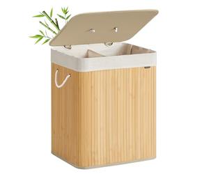 SONGMICS Panier à Linge avec Couvercle, 2 Compartiments, 120 L, Corbeille à Linge Sale en Bambou, Pliable, Sac Amovible et Lavable en Machine, avec Poignées, pour Buanderie, Chambre, Naturel LCB014Y01