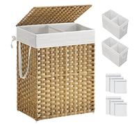 SONGMICS Panier à linge avec couvercle, 90 L, panier à linge avec 2 sacs à doublure amovible et 6 sacs en maille, panier à linge en osier, panier à linge double pour salle de bain, 33 x 45,7 x 60,1