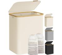 SONGMICS Panier à Linge avec Couvercle à 2 Compartiments, 130L, Sac Amovible, Tissu Oxford, Poignées en Bambou, Pliable, 52 x 38,5 x 70,5 cm, Blanc Crème LCB513W01