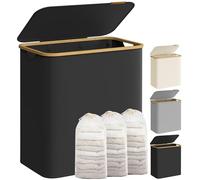 SONGMICS Panier à Linge avec Couvercle à 3 Compartiments, 150L, Sac Amovible, Tissu Oxford, Poignées en Bambou, Pliable, 60 x 38,5 x 70,5 cm, Noir d'Encre LCB515B01