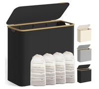 SONGMICS Panier à Linge avec Couvercle à 4 Compartiments, 200 L, Sac Amovible, Tissu Oxford, Poignées en Bambou, Pliable, 78 x 38,5 x 70,5 cm, Noir d'Encre LCB514BH01