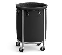 SONGMICS Panier à Linge avec Roulettes 110L, Chariot Linge Sale, Corbeille, Rond, avec Cadre en Acier et Sac Amovible, 4 Roulettes et 2 Freins, Noir et Argent RLS002B01