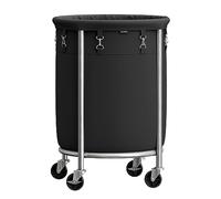 SONGMICS Panier à Linge avec Roulettes 110L, Chariot Linge Sale, Corbeille, Rond, avec Cadre en Acier et Sac Amovible, 4 Roulettes et 2 Freins, Noir et Argent RLS002B01