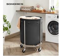 SONGMICS Panier à Linge avec Roulettes, 170 L, Chariot Linge Sale, Bac, Rond, avec Cadre en Acier et Sac Amovible, Noir et Argent