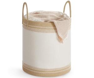 SONGMICS Panier à Linge, Corbeille 60 L, Rangement avec Couvercle, Corde en Coton, Poignée, Cordon de Serrage, pour Vêtements, Couvertures, Salon, Chambre, 41 x 41 x 46 cm, Marron Camel RLH060K01