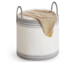 SONGMICS Panier à linge de 90 l avec couvercle, corde en coton, avec poignée, cordon de serrage, pour vêtements, couvertures, salon, 50 x 50 x 46 cm, gris Dove RLH090G01