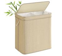 SONGMICS Panier à Linge en Bambou 2 Compartiments, Corbeille à Linge Sale, 130 Litres, Sac Amovible et Lavable en Machine, Couvercle, Poignées, Buanderie, Chambre, Salon, Couleur Naturelle LCB068Y01