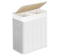 SONGMICS Panier à linge en bambou, collecteur de linge à 2 compartiments, trieur de linge avec couvercle et sac à linge amovible, poignées en coton, boîte à linge 100 L, blanc LCB64WT