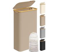SONGMICS Panier à Linge Mince avec Couvercle, 65L, Gain de Place, Doublure en Maille Amovible, Tissu Oxford, Poignées en Bambou, Pliable, 42 x 22,5 x 70,5 cm, Marron Camel LCB506N02