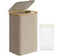 SONGMICS Panier à Linge Mince avec Couvercle, 90L, Gain de Place, Doublure en Maille Amovible, Tissu Oxford, Poignées en Bambou, Pliable, 42 x 32 x 70,5 cm, Marron Camel LCB509N01V1
