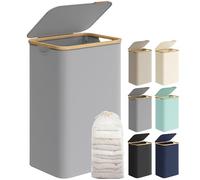 SONGMICS Panier à Linge Mince avec Couvercle, 90L, Gain de Place, Doublure en Maille Amovible, Tissu Oxford, Poignées en Bambou, Pliable, 42 x 32 x 70,5 cm, Gris Tourterelle LCB509G01