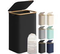 SONGMICS Panier à Linge Mince avec Couvercle, 90L, Gain de Place, Doublure en Maille Amovible, Tissu Oxford, Poignées en Bambou, Pliable, 42 x 32 x 70,5 cm, Noir d'Encre LCB509B01
