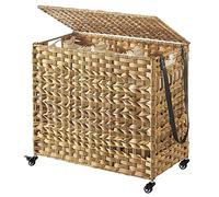 SONGMICS Panier à linge 66 x 35 x 60,5 cm, Corbeille à linge imitation rotin, 3 Compartiments de tri, Marron