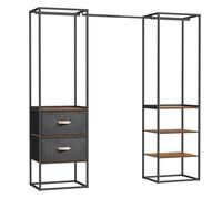 SONGMICS Penderie, Armoire Ouverte, Placard, Porte-Vêtements Solide avec 1 Tringle Extensible, 2 Tiroirs et 4 Étagères, pour Chambre, Gain de Place, Marron Rustique RGR003B01