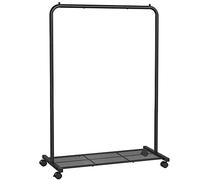 SONGMICS Portant à Vêtements à Roulettes, Porte-manteaux, Barre Supporte Jusqu’à 40 kg, avec Tringle, Étagère de Rangement en Maille, Style Industriel, pour Chambre, Buanderie, Noir HSR25BK