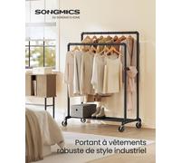 SONGMICS Portant à Vêtements à Roulettes, Porte-manteaux, Penderie, Charge 110 kg, avec Double Tringle et Étagère de Rangement, Style Industriel, pour Chambre, Buanderie Blanc