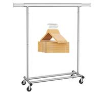 SONGMICS Portant à Vêtements avec 20 Cintres en Bois, Porte-manteau sur Roulettes, Tringle Extensible, Crochet Rotatif à 360°, Argenté et Couleur Boisée HSW013S01