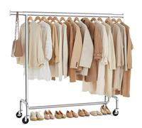 SONGMICS Portant à Vêtements avec Roulettes, Tringle Extensible pour Charge Lourde, Capacité de Charge 130 kg, 45 x (110-150) x 162,9 cm, Porte-manteau, en Métal, Chromé, Argent HSR11S